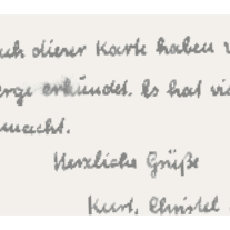 Ein Gruß auf einer Postkarte mit folgendem Inhalt: "Nach dieser Karte haben wir die Berge erkundet. Es hat viel Spaß gemacht. Herzliche Grüße Kurt, VChristel + Rex"