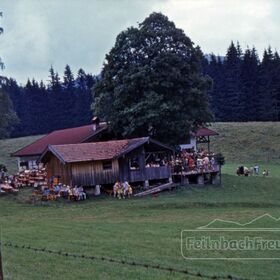 Menschen genießen die oberbayrische Gastronomie auf einer Almwiese nahe Bad Feilnbach unter einem großen Baum.